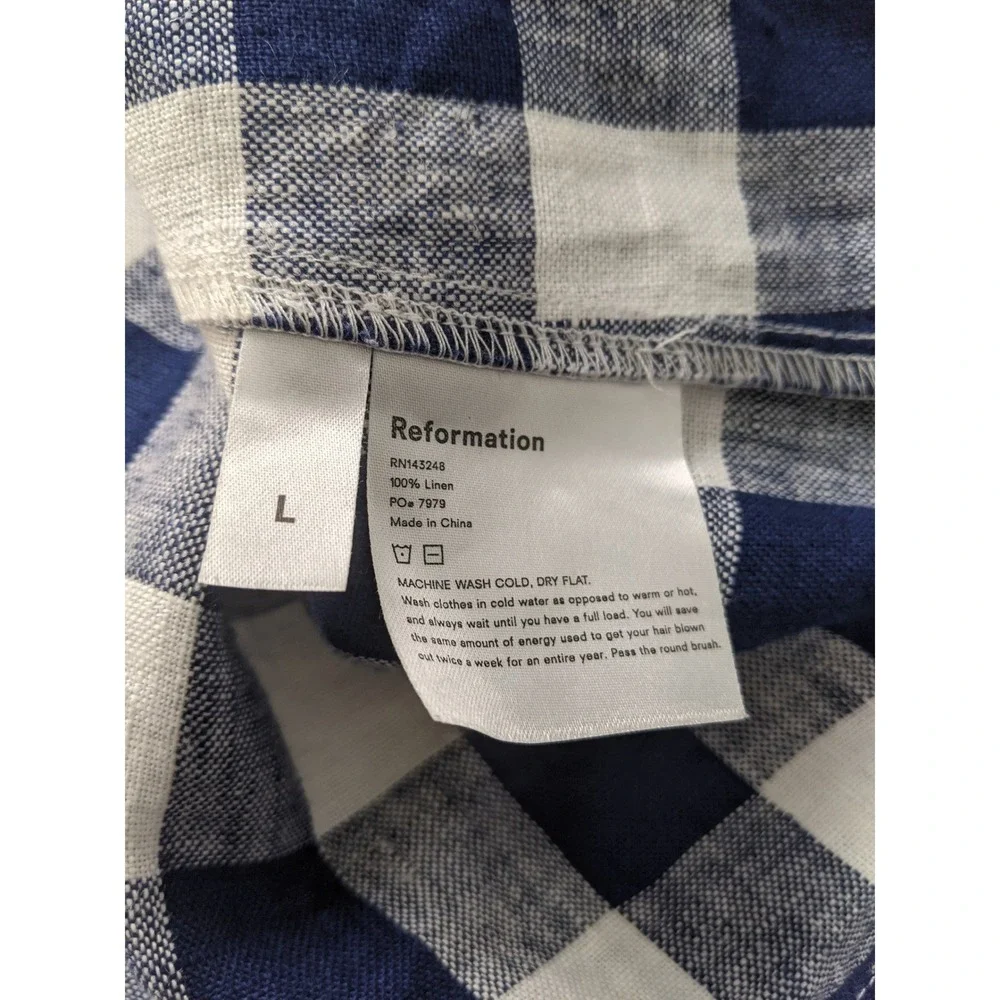 Reformation Sax Linen Wrap Mini Skirt Navy White Gingham Check Size L